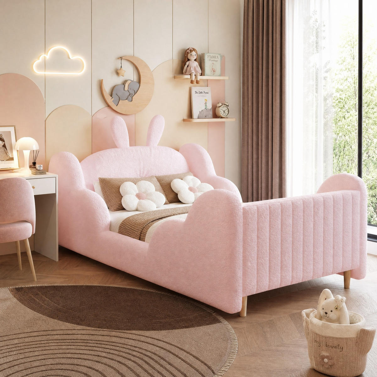 KINDERBETT 90/200 mit Hasenkissen, Wolkenleisten, Teddyplüsch, Lattenrost und verstärktem Rahmen in Rosa - Rosa, Holzwerkstoff/Textil (90/200cm) - EVRYAE