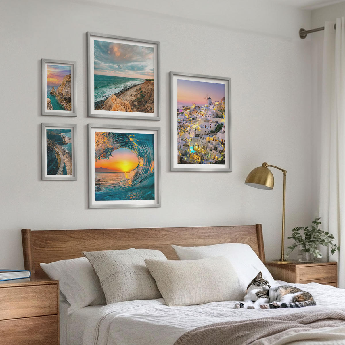 WANDBILDER 5er Set - 50x50 cm & 20x30 cm & 40x60 cm Silberner Rahmen - Meereswellen, weiße Häuser, Santorini - Silberfarben, Kunststoff (40/60cm) - ArtPrintCave