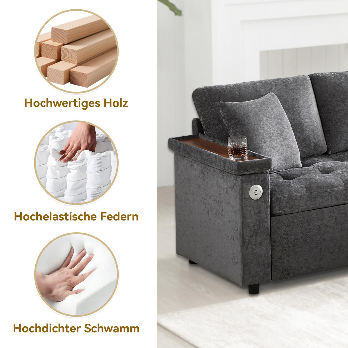 SCHLAFSOFA L-Form mit Stauraum, USB und 2 Kissen, Grau - Dunkelgrau, Textil (209/84/130cm)