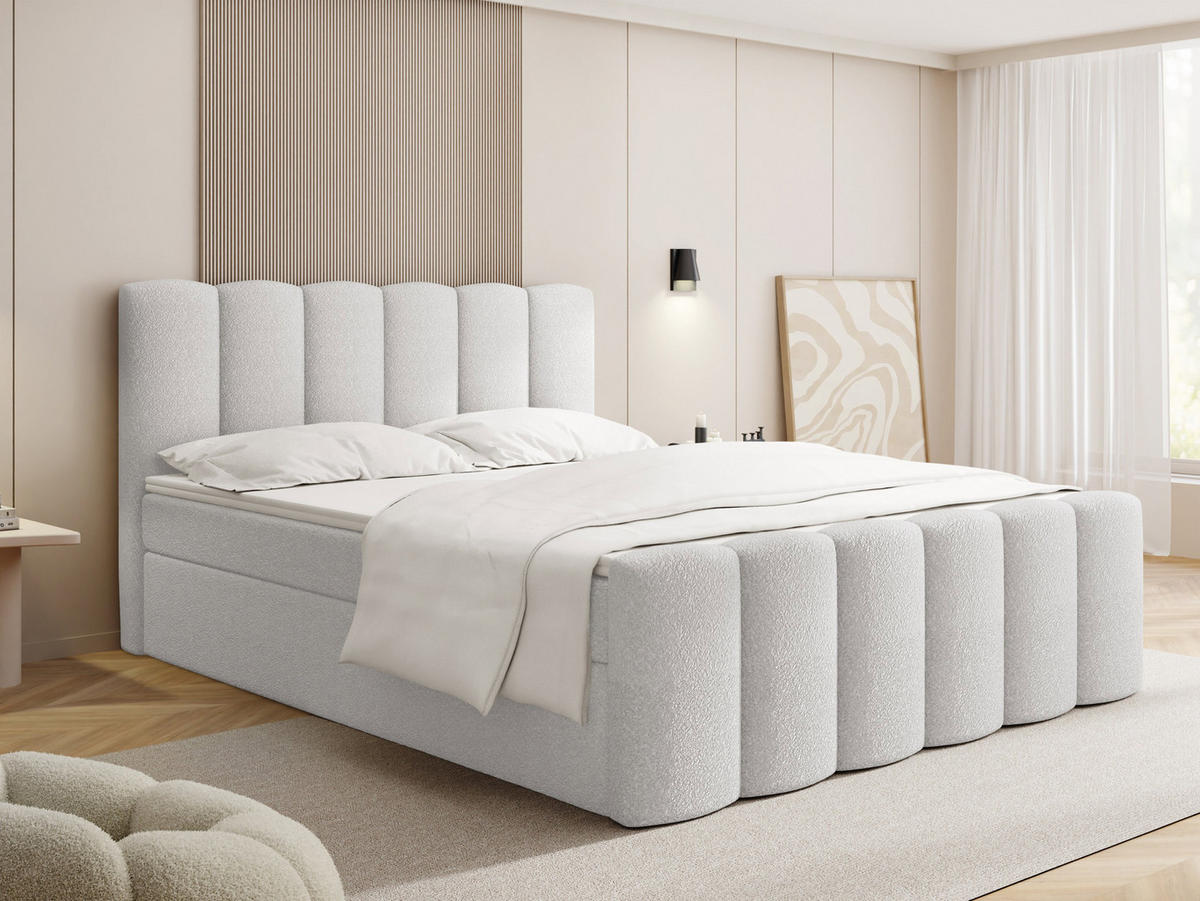 BOXBETT Serenity mit Bettkasten, Boucle Weiß 200x200 cm – inkl. H4 Taschenfederkern Matratze & Foam Topper - Schwarz/Weiß, Holz/Holzwerkstoff (200/200cm) - WFL GROUP