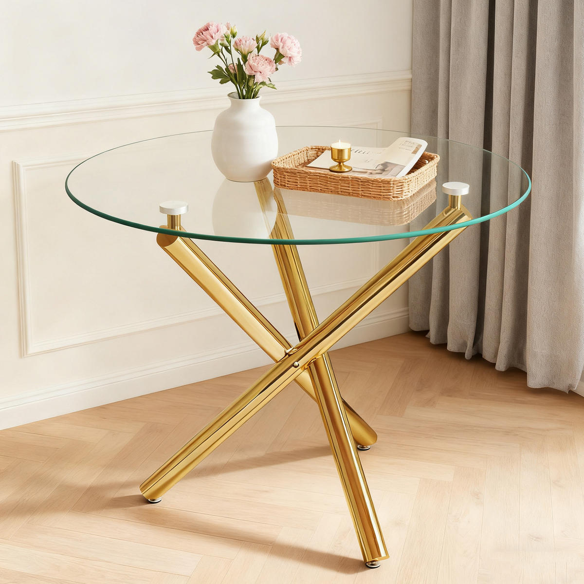ESSTISCH 80/80/76 cm gold aus Glas und Metall mit verstellbaren Gleitern - Goldfarben, Metall (80/80/76cm) - OKWISH