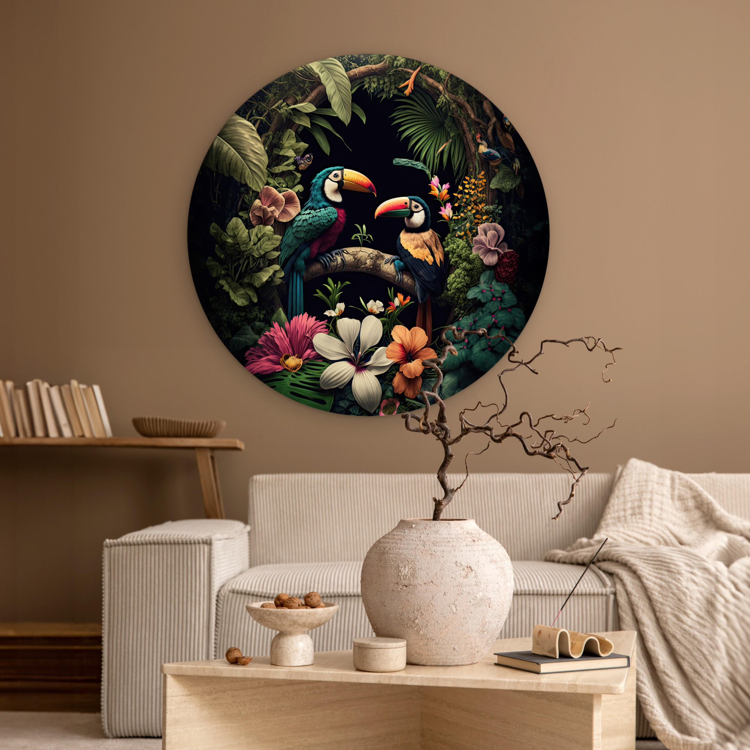 WANDBILD Vogel - Blumen - Pflanzen - Dschungel - Schwarz - Tukan 90x90 cm - Smaragdgrün, Kunststoff (90/90cm) - MuchoWow