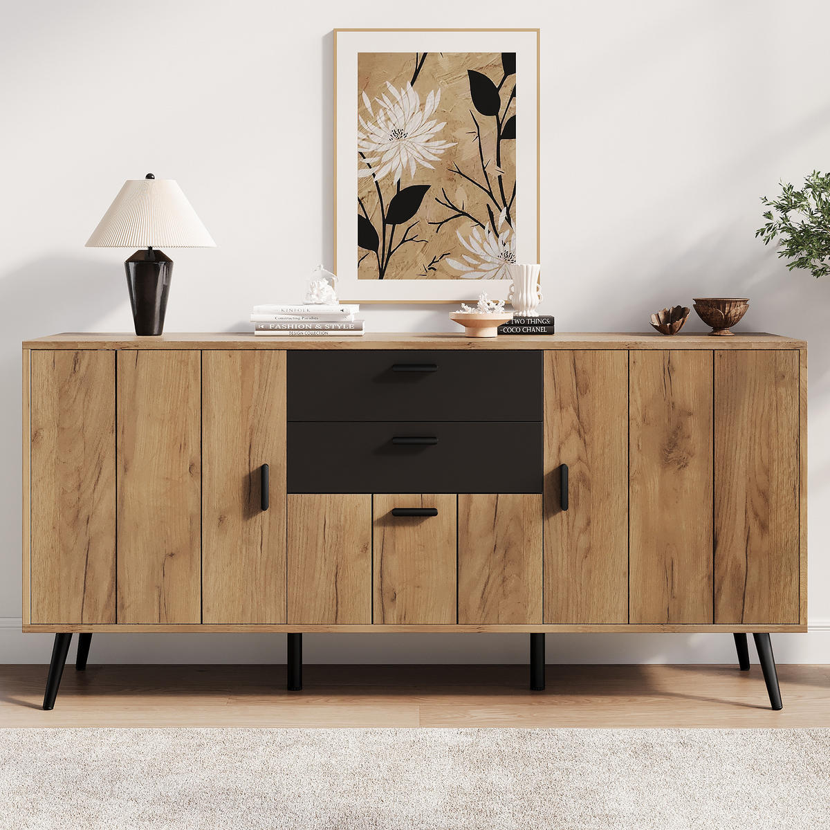 KUCHYŇSKÁ SKŘÍŇ v černé a přírodní barvě se 2 zásuvkami a 3 dvířky do obývacího pokoje, 140×35×67 cm - přírodní/černá, kompozitní dřevo (140/67/35cm) - STILVORA