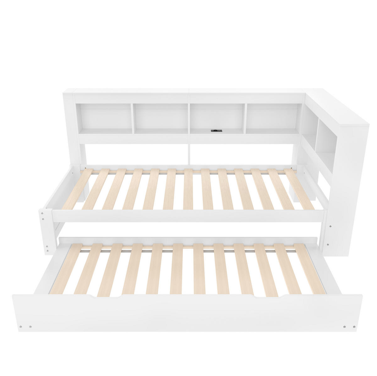 BETT 90/200 cm mit ausziehbarem Rollbett und USB, inkl. Lattenrost - Weiß, Holz (90/200cm) - BEAOK