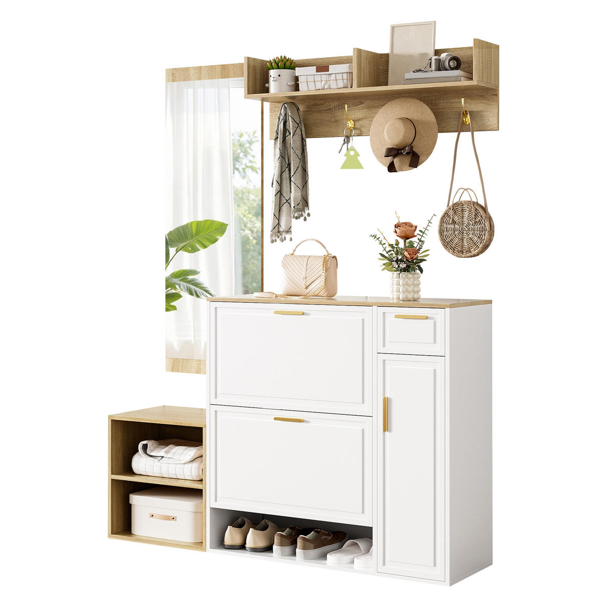 SCHUHSCHRANK aus Spanplatte 139,5x35x166cm in Weiß mit 4-teiligem - Weiß, Holzwerkstoff (139.5/166/35cm) - Modfu