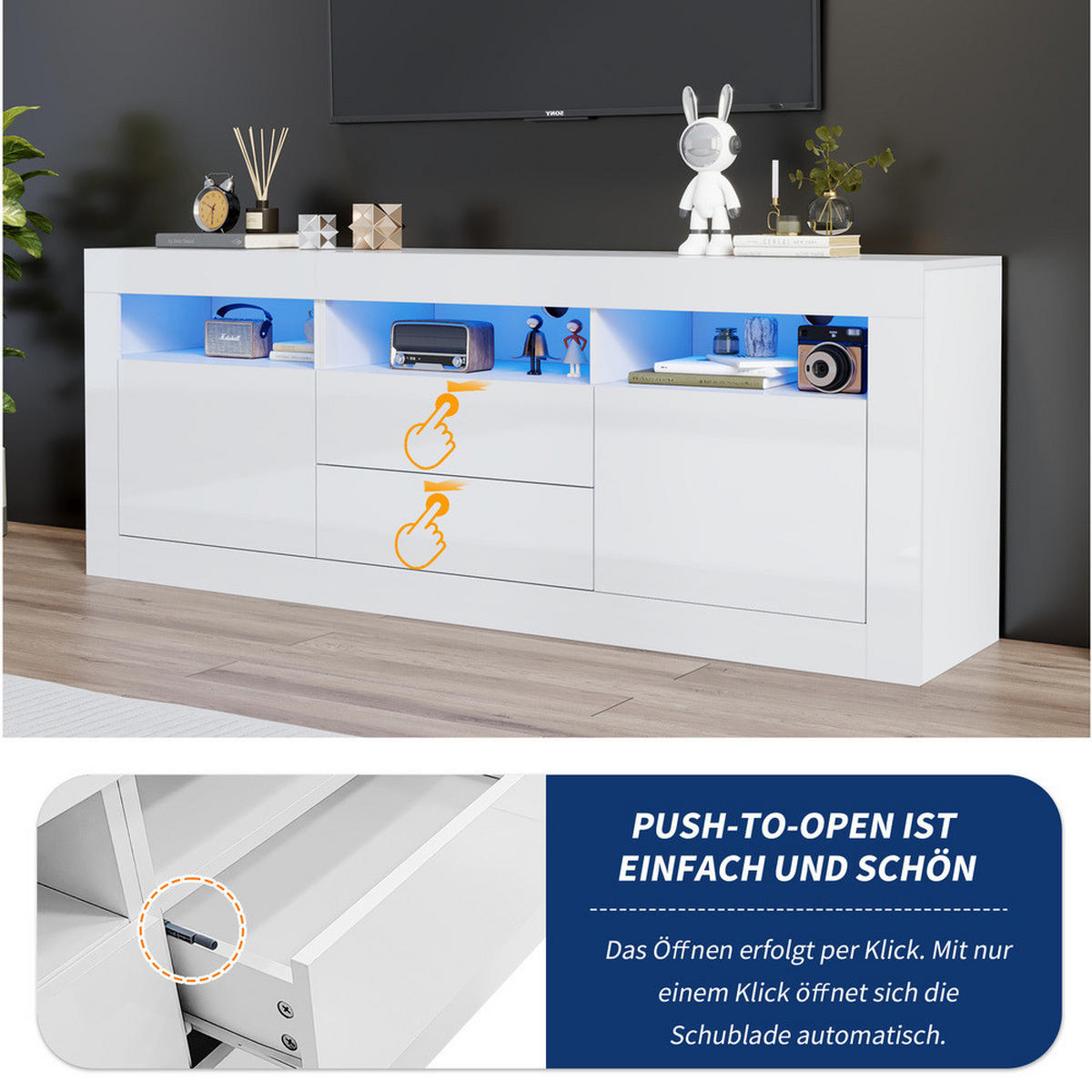 TV-SCHRANK 160x35cm Hochglanz LED-Beleuchtung 3 Fächer 2 Türen 2 Schubladen - Weiß, Holz (44/22.5/70cm) - FLIEKS