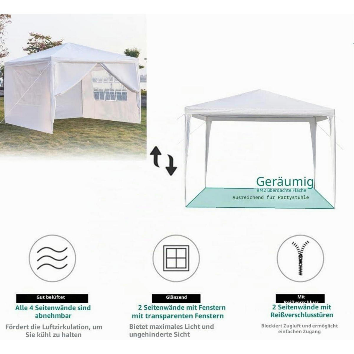 GARTENPAVILLON faltbar 3 x 3 m weiß mit 4 Wänden UV-Schutz - Weiß, Textil (300/250/300cm)