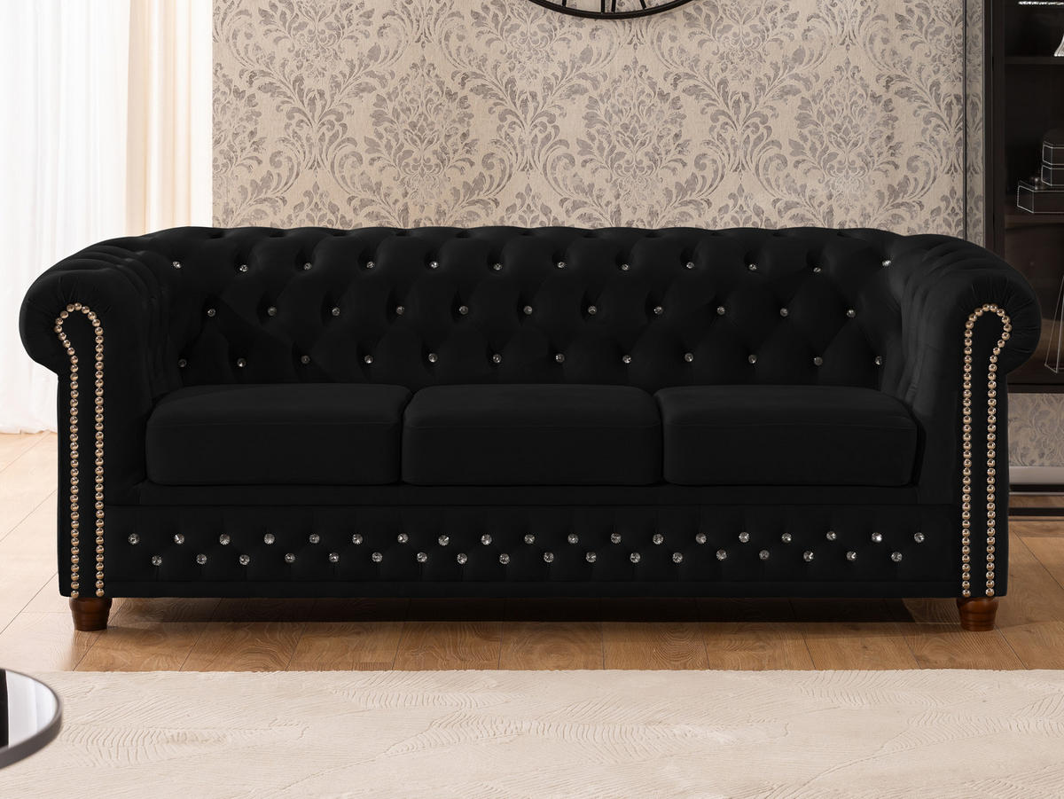 SITZGARNITUR 3+2 Chesterfield Cleo Blink Schwarz Samt mit Kristallsteppung und braunen Massivholzfüßen - Schwarz/Braun, Holz/Textil (203/72/86cm) - S-Style Möbel
