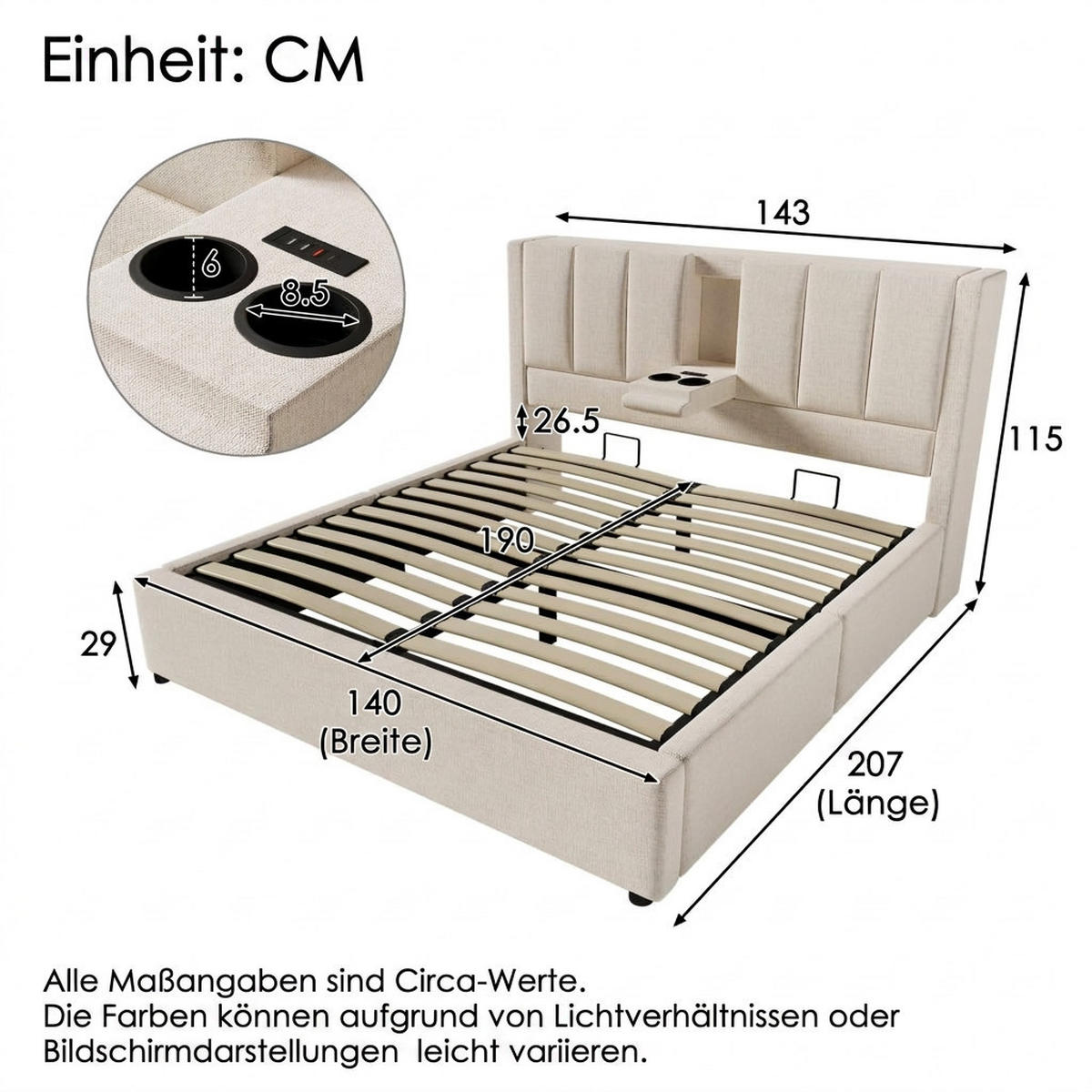 POLSTERBETT 140/190 cm Beige mit verstecktem Becherhalter und Ladestation (Ohne Matratze) - Beige, Textil (140/190cm) - Oxeza