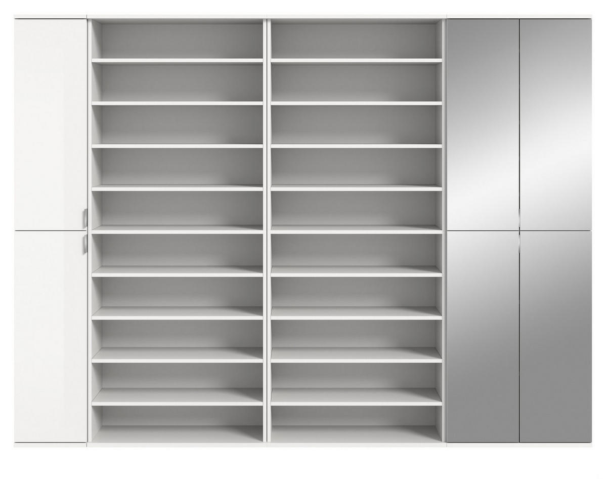 GARDEROBENSCHRANK weiß Hochglanz 281 cm, Schuhschrank XXL mit 35 Fächern - Chromfarben/Weiß Hochglanz, Glas/Holzwerkstoff (251/193/34cm) - Inn.Furn