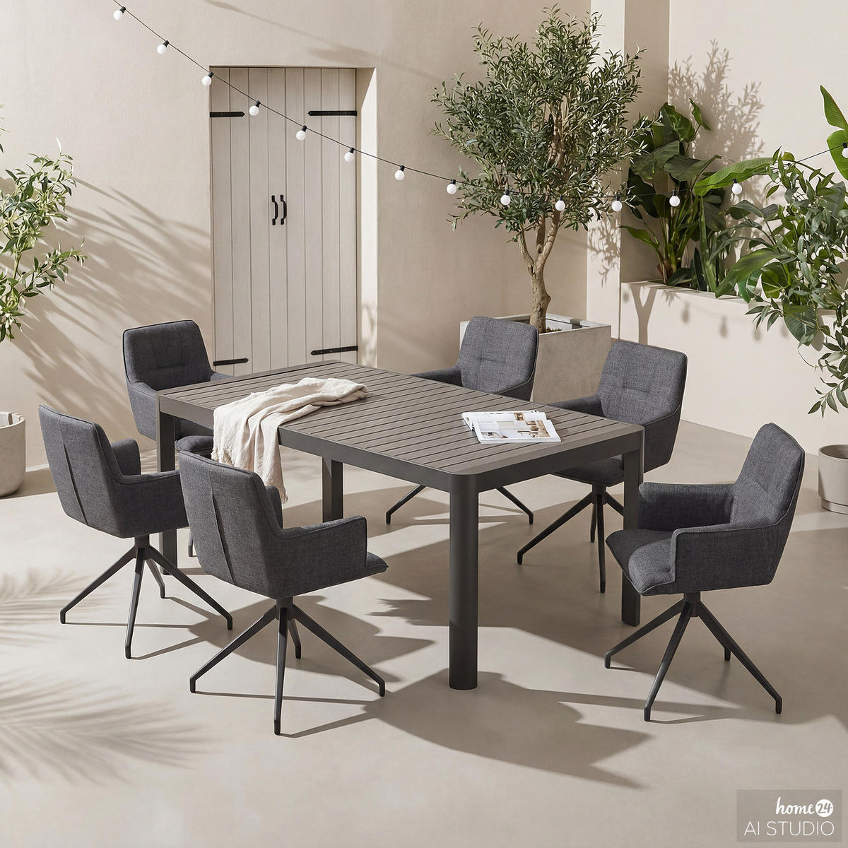 GARTENESSGRUPPE - 7-teilig - Stahl / Polyester - Dunkelbraun, Textil/Metall - home24