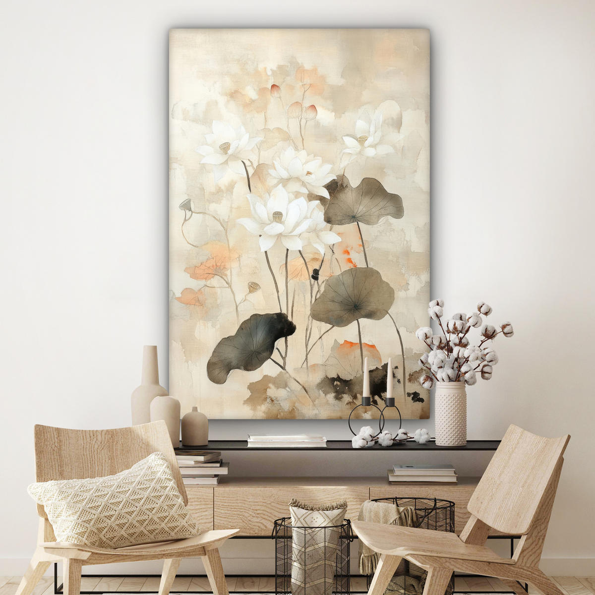 SLIKA NA PLATNU Cvetje 90x140 cm - peščene barve, tekstil (90/140cm) - MuchoWow