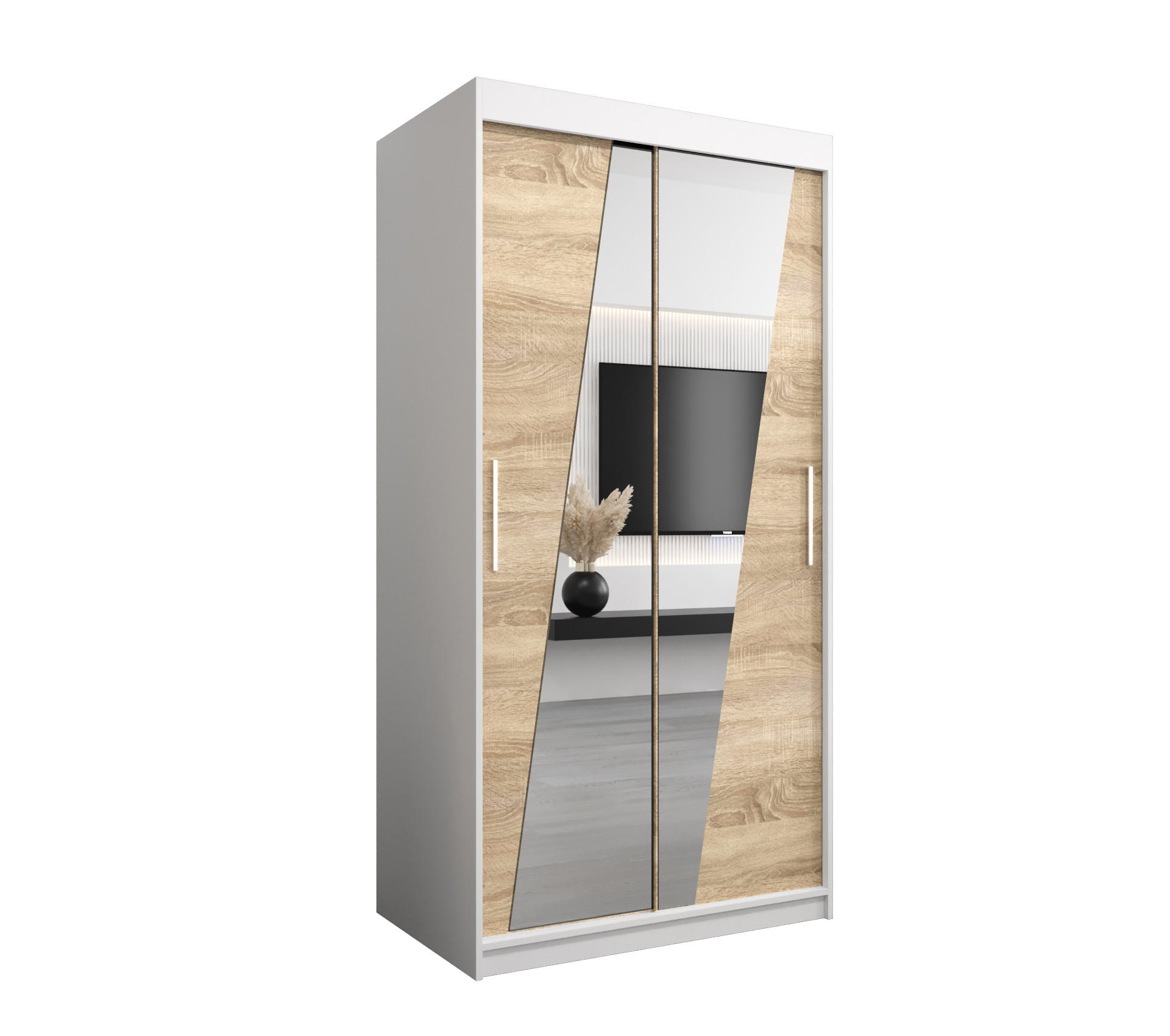 Abiks Möbel Schwebetürenschrank Weiß, Sonoma Eiche 100x200x62 cm