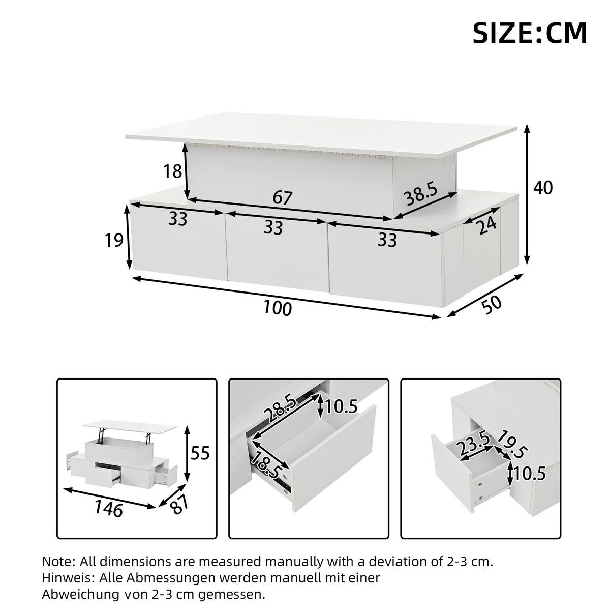 COUCHTISCH aus MDF 100x50x40 cm Weiß mit LED-Beleuchtung, Hubfunktion und 4 Schubladen - Weiß, Holzwerkstoff (100/50/40cm) - IVMEU