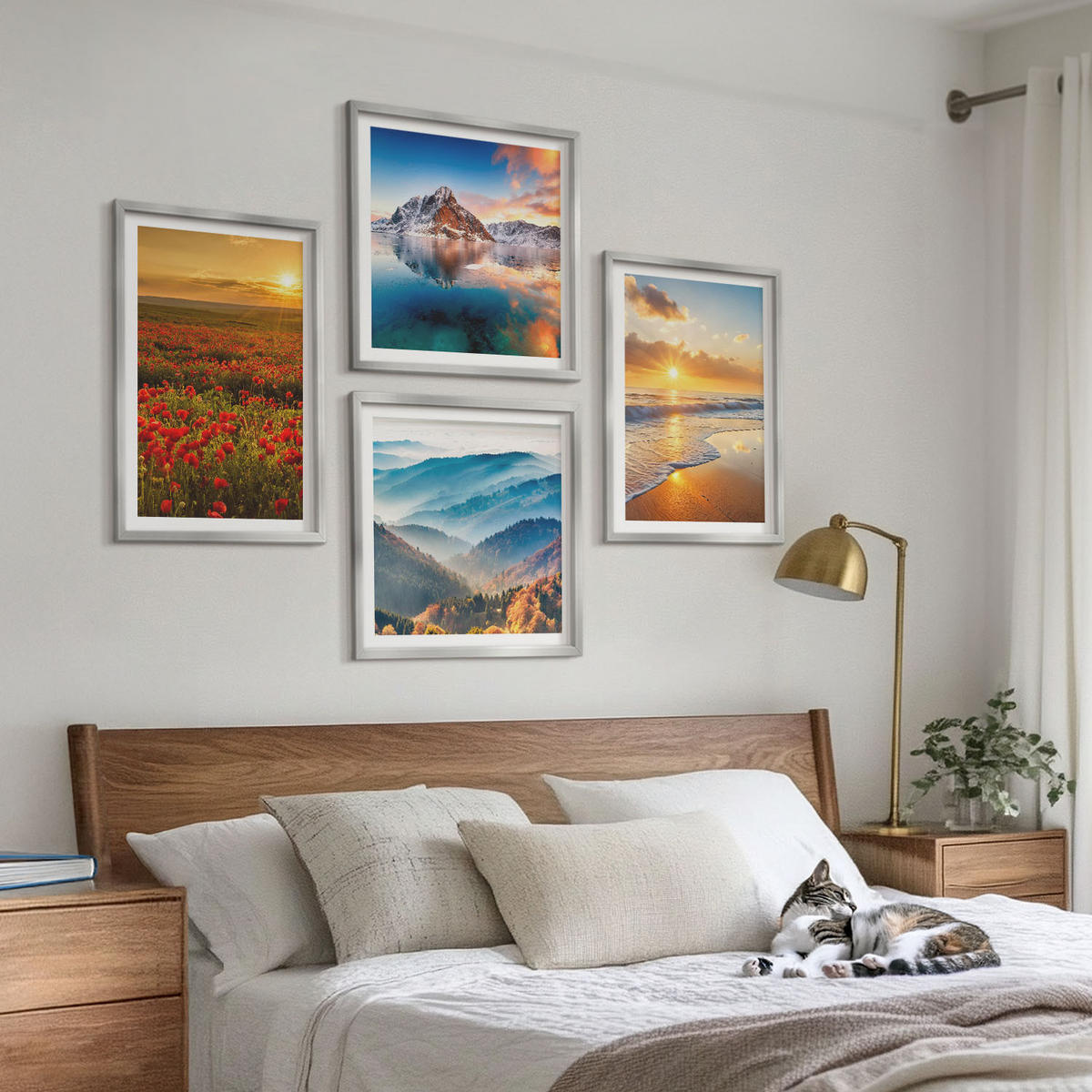 WANDBILDER 4er Set - 50x50 cm & 40x60 cm Silberner Rahmen - Landschaften aus Bergen und Meeren im Westen - Silberfarben, Kunststoff (50/50cm) - ArtPrintCave