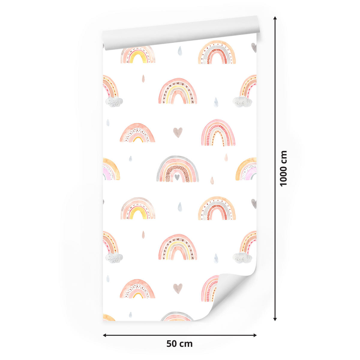 VLIESTAPETE Regenbogen, Wolken und Herzen – Rosa, Beige, Weiß – 50x1000 cm - Beige/Rosa, Papier (50/1000cm) - Muralo
