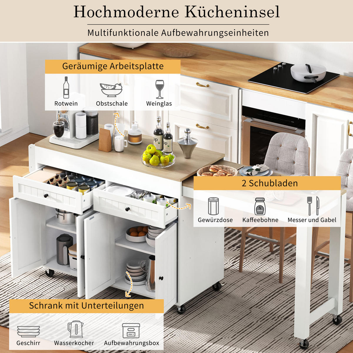 KÜCHENINSEL 112-180,5/45/92,2 cm in Weiß/Natur mit Ausziehplatte und Rollen - Weiß, Holzwerkstoff (180.5/92.2/45cm) - Flora Grace