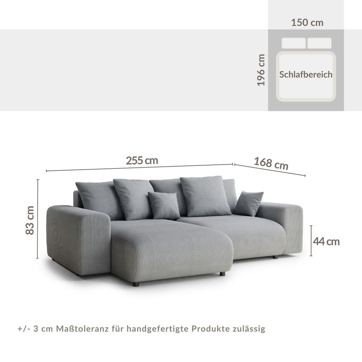 ECKSOFA MIT SCHLAFFUNKTION Solo Anthrazit Samtstoff - Anthrazit/Schwarz, Holz/Holzwerkstoff (255/168cm) - Maison de Reve