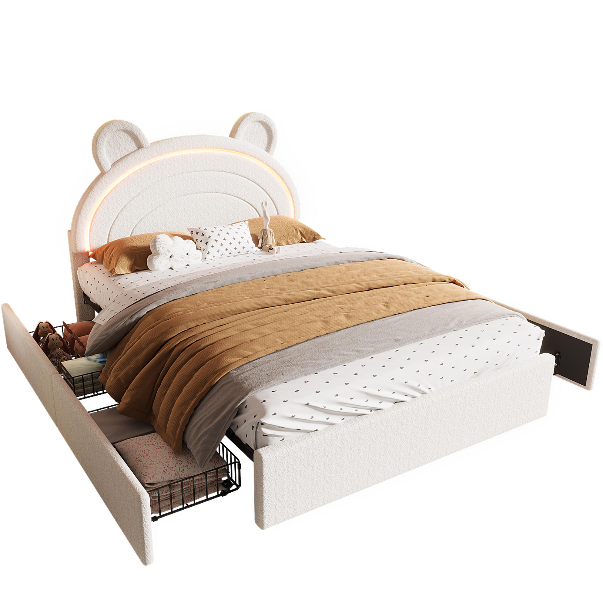 KINDER-POLSTERBETT aus Samt 140x200 cm Beige mit 4 Schubladen, Bären-Kopfteil und App-LED - Beige, Textil (140/200cm) - Modfu