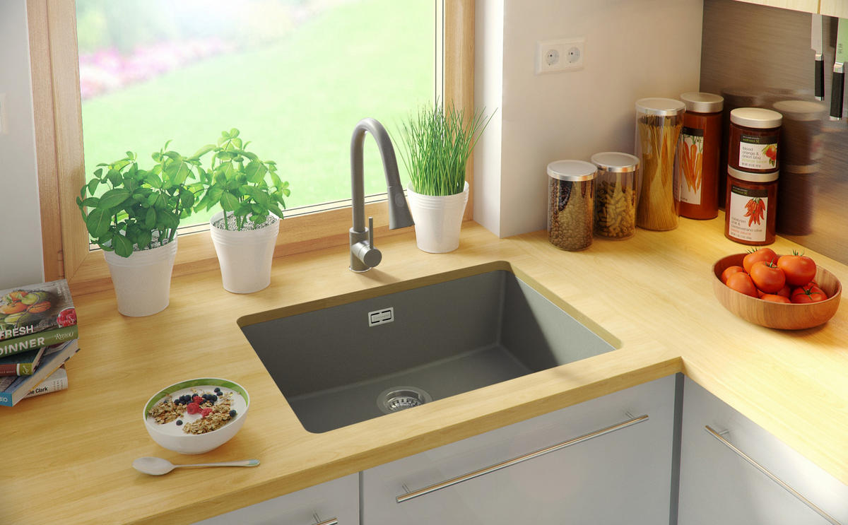 UNTERBAUSPÜLE GRANIT London, 2-er set Grau 66/47 cm 1 Becken + Küchenarmatur 38/14 cm + Ablauf-Set ab 70er Unterschrank - Chromfarben/Grau, Kunststoff (66/20/47cm) - Primagran