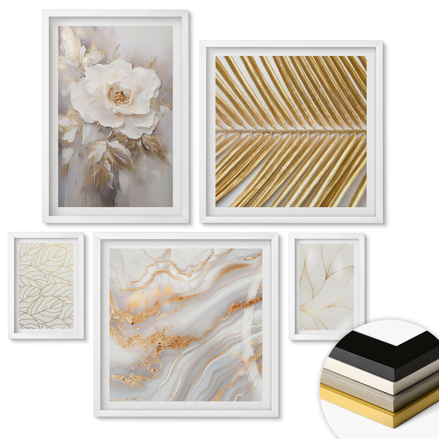 WANDBILDER 5er-Set - 50x50 cm & 20x30 cm & 40x60 cm Weißer Rahmen - Abstrakte Katzenmalereien - Weiß, Kunststoff (40/60cm) - ArtPrintCave