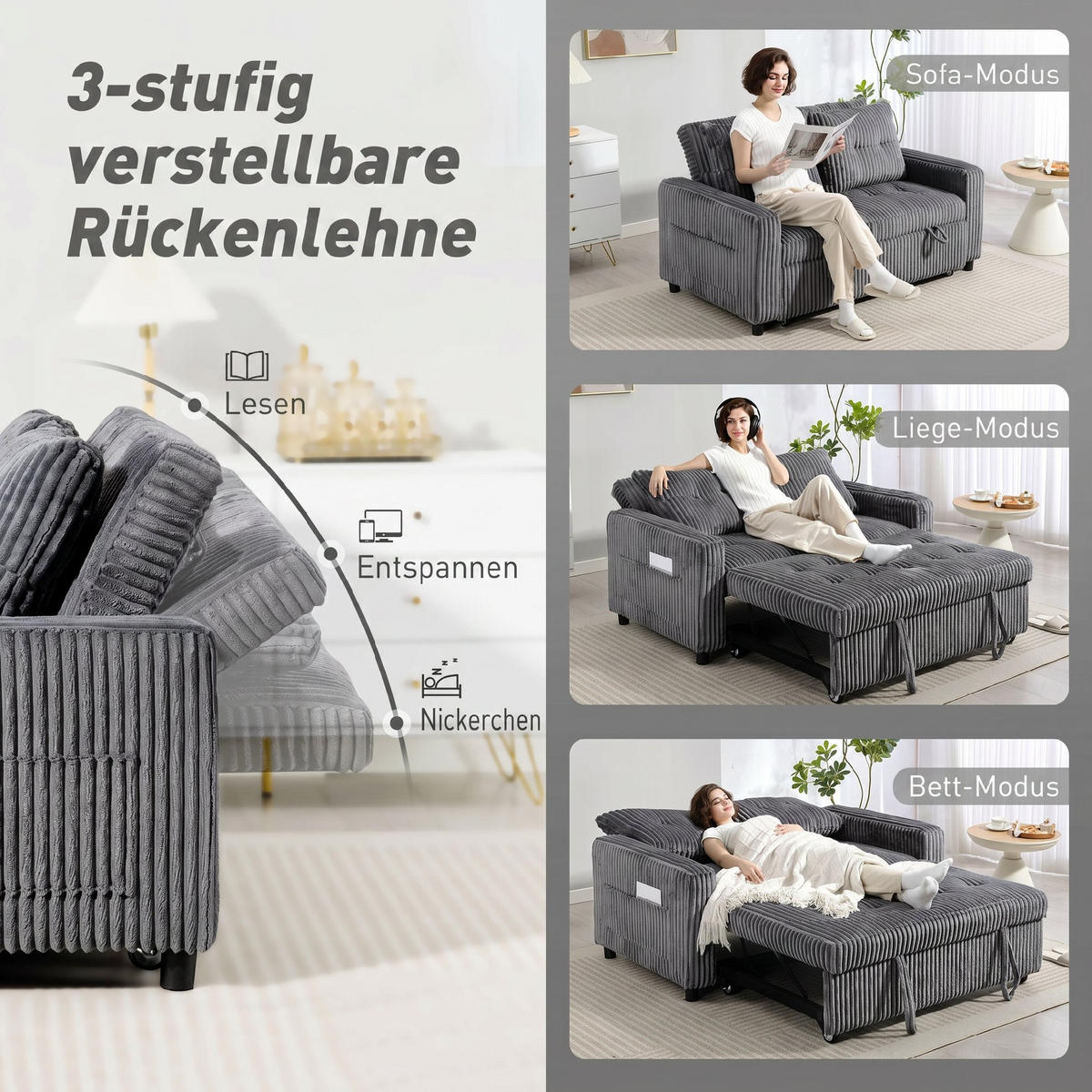 SCHLAFSOFA Polyester, Stahl Dunkelgrau - Dunkelgrau/Hellgrau, Holz/Kunststoff (90/91/157cm) - HOMCOM