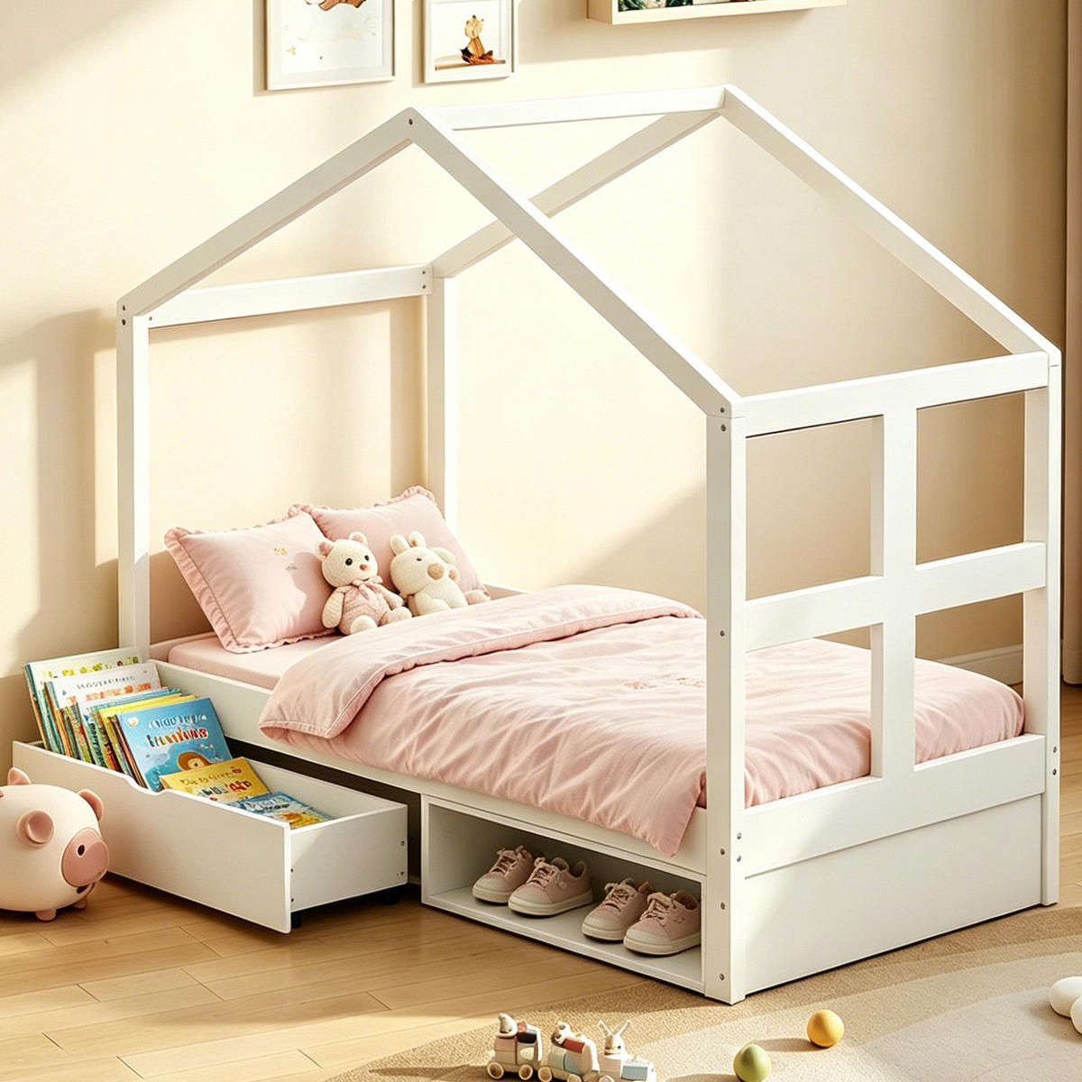 JUGENDBETT 90/190 cm in Weiß & Natur mit Schublade, Schuhschrank und LED - Weiß, Holz/Holzwerkstoff (90/190cm) - WISHDOR