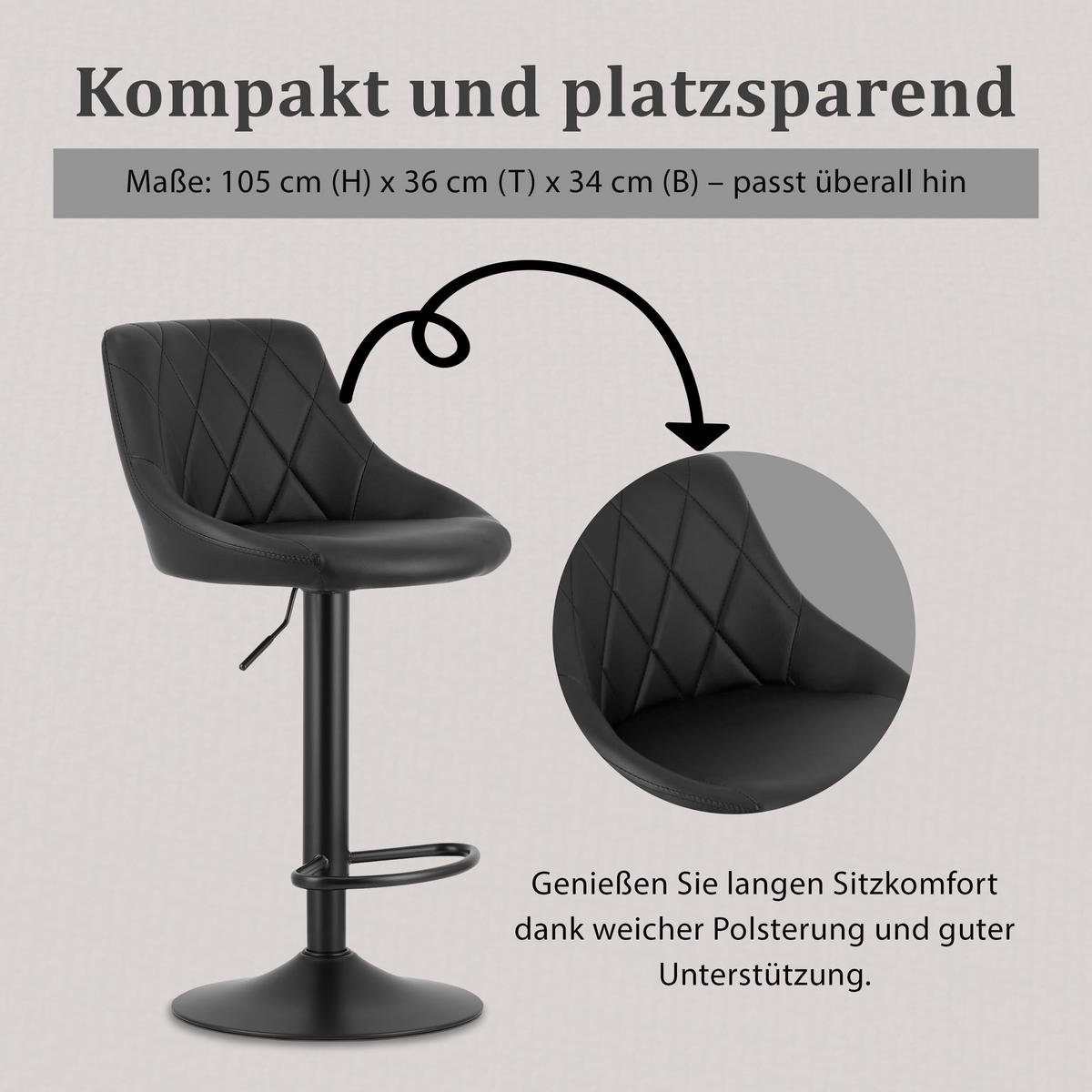BARHOCKER, drehbar, HÖHENVERSTELLBAR, in Schwarz, Modernes Design - Schwarz, Textil (36/107/38cm) - Best For Home