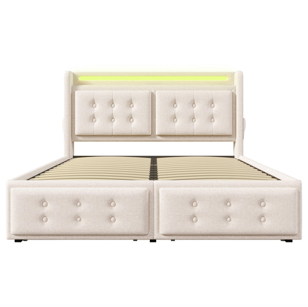 BETT mit LED, USB und 4 Schubladen 160x200 cm Baumwoll-Leinen Beige - Beige, Metall (160/200cm) - Meubliv
