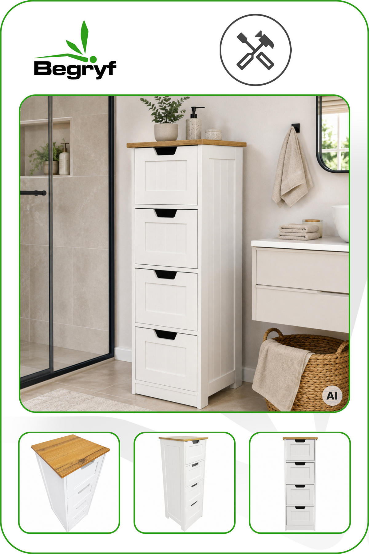 BADEZIMMERSCHRANK MDF Weiß Eiche 4 Schubladen 30x30x81 cm - Eichefarben/Weiß, Holzwerkstoff (30/81/30cm) - Begryf