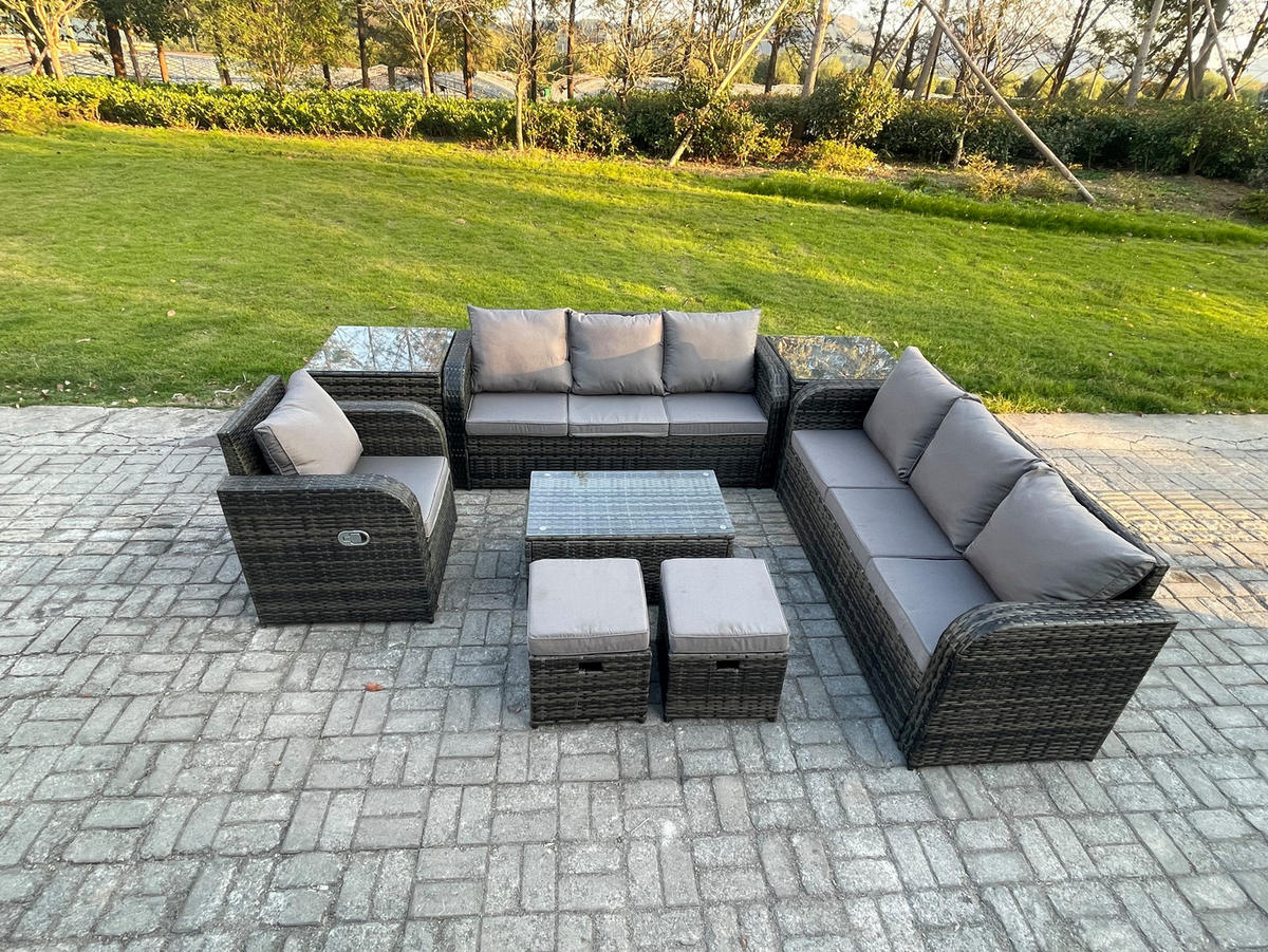 GARTENMÖBEL-SET mit Kissen Polyrattan Dunkelgrau 9-Sitzer - Dunkelgrau/Grau, Glas/Kunststoff - Fimous