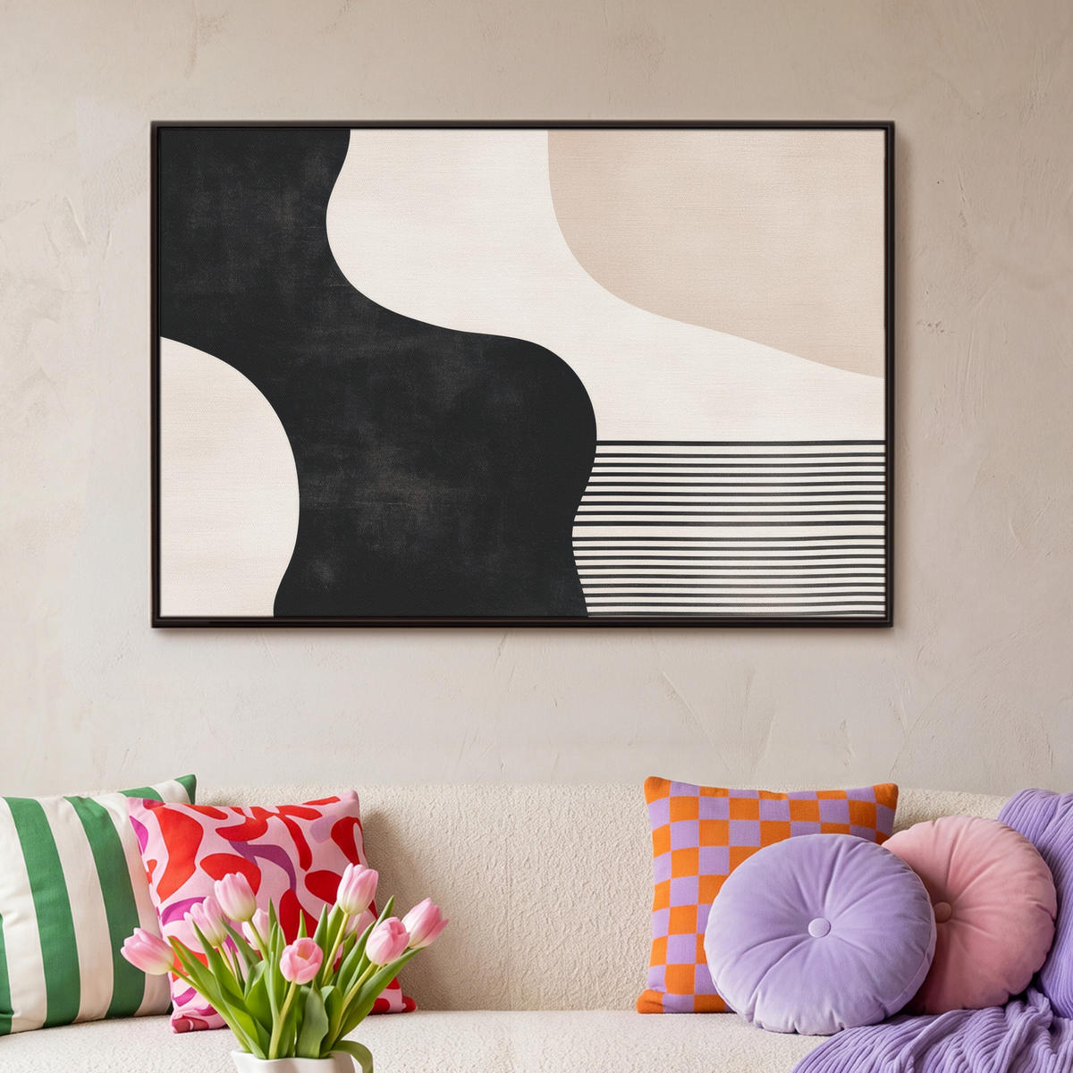 LEINWAND Bilder mit Rahmen - Abstrakt - Japandi - Beige - Modern - 90x60 - Schwarz, Textil (90/60cm) - MuchoWow
