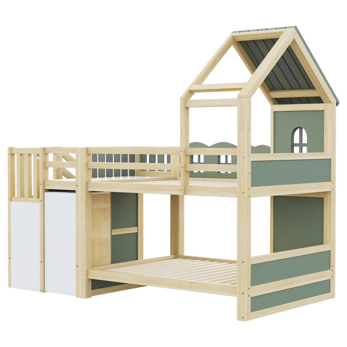 KINDER-ETAGENBETT 90x200cm Holz Wolkendesign Stauraum Grün - Grün, Holz (90/200cm) - FLIEKS