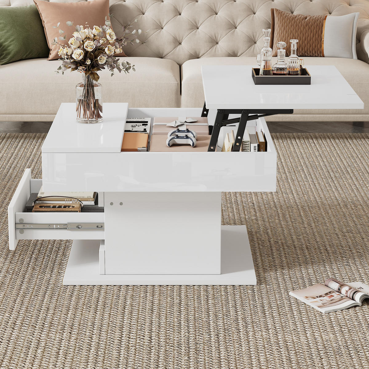 COUCHTISCH 70/70/45 cm Weiß aus Spanplatte mit Hebefunktion und Stauraum - Weiß, Holzwerkstoff (70/70/45cm) - OKMYHOME