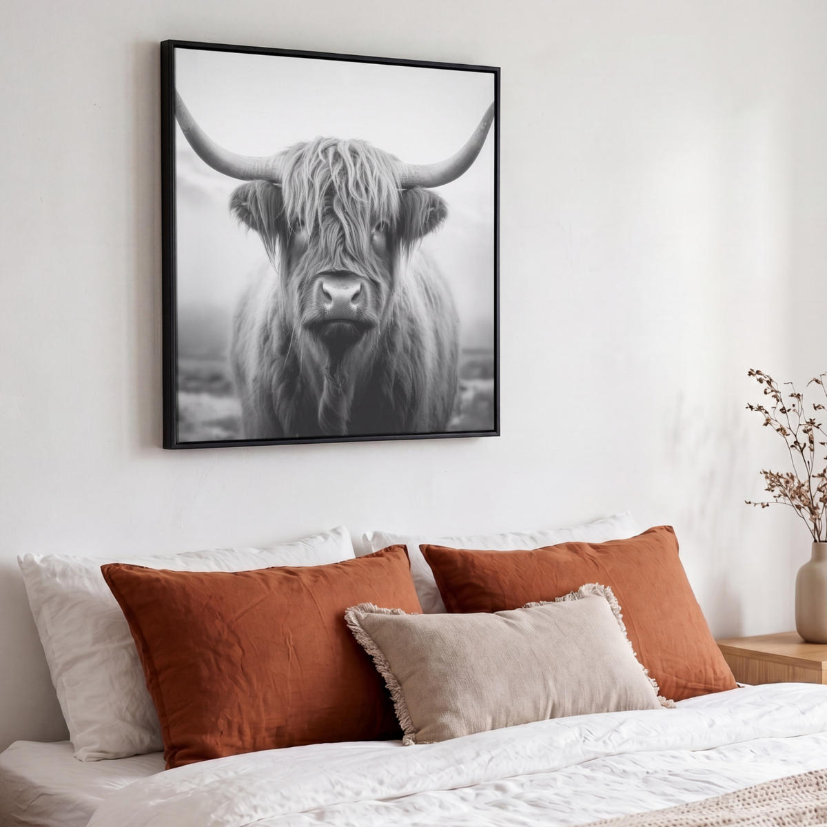 LEINWAND Bilder mit Rahmen - Schottischer Highlander - Nebel - Schwarz - Weiß - 50x50 - Grau, Textil (50/50cm) - MuchoWow
