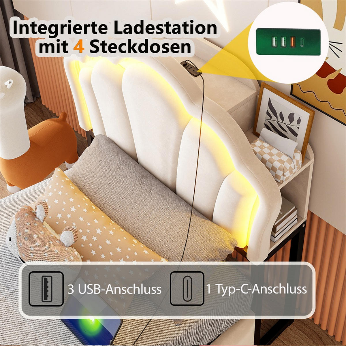 POLSTERBETT 90x200 cm mit hydraulischem Stauraum - LED Beleuchtung & Ladeanschluss - Beige - ohne Matratze - Beige, Textil (90/200cm) - DELFA