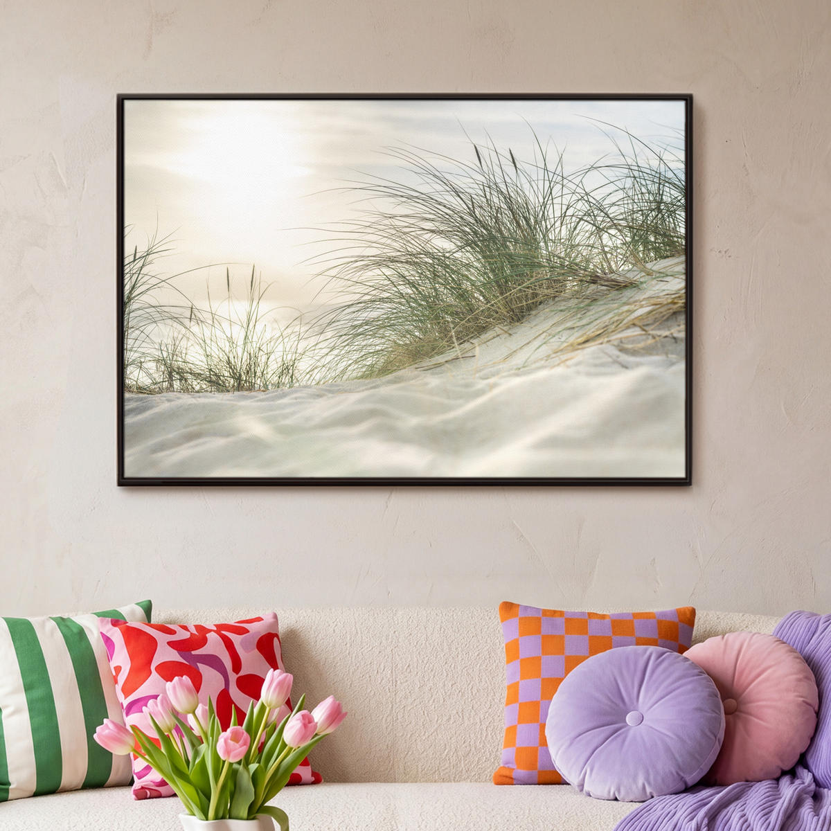 LEINWAND Bilder mit Rahmen - Dünen mit Strandhafer in der Sonne des Nationalparks Schleswig-Holsteinisches Wattenmeer - 90x60 - Creme, Textil (90/60cm) - MuchoWow
