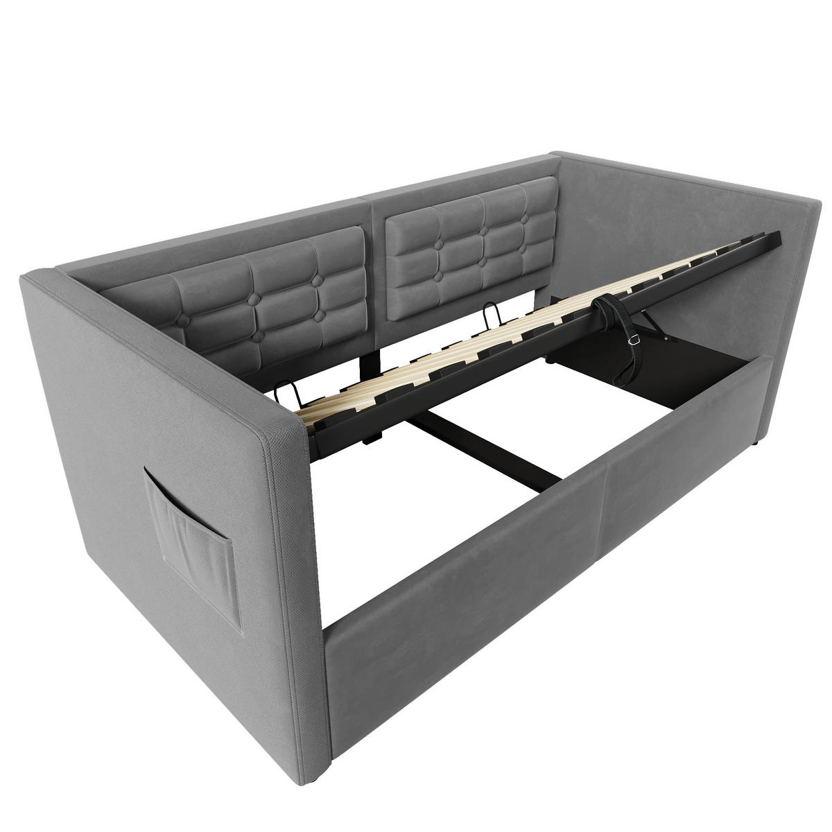 ČALOUNĚNÁ rozkládací postel 90/190 cm šedá ze sametu s hydraulickým úložným prostorem a USB-C - šedá, textil (90/200cm) - OKWISH