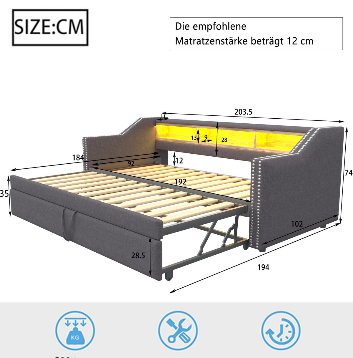 MULTIFUNKTIONSBETT 90/190 cm und 180/190 cm Dunkelgrau mit Staufach und LED-Beleuchtung Mit Matratze - Dunkelgrau, Textil (90/190cm) - OKWISH