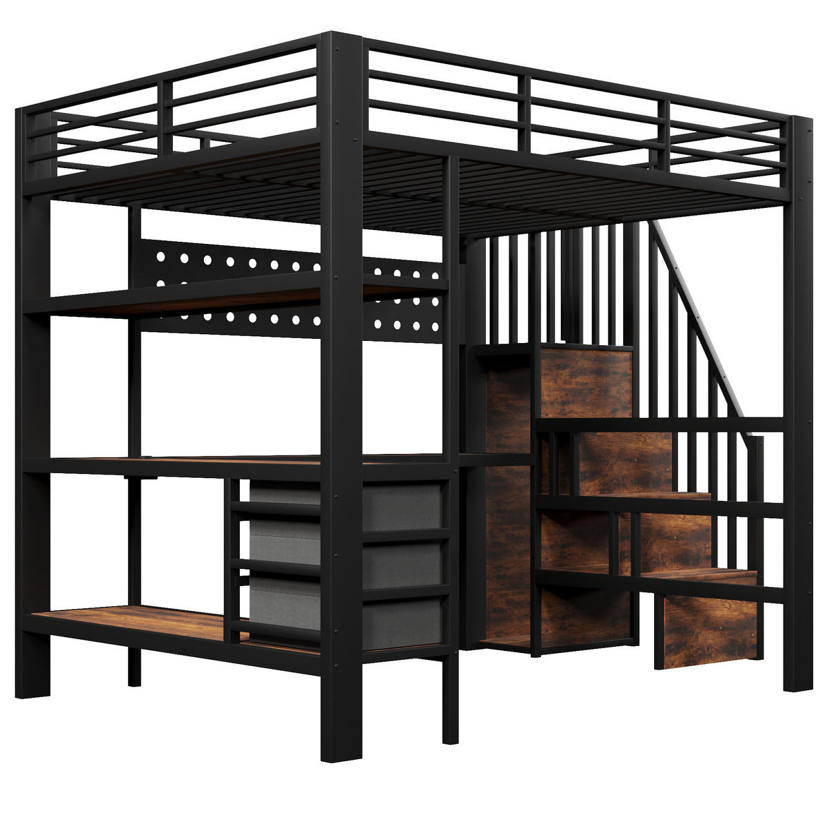 HOCHBETT 140/200 cm schwarz aus MDF und Metall mit Schreibtisch Stauraum LED und Steckdose - Schwarz, Holzwerkstoff (140/200cm) - OKWISH
