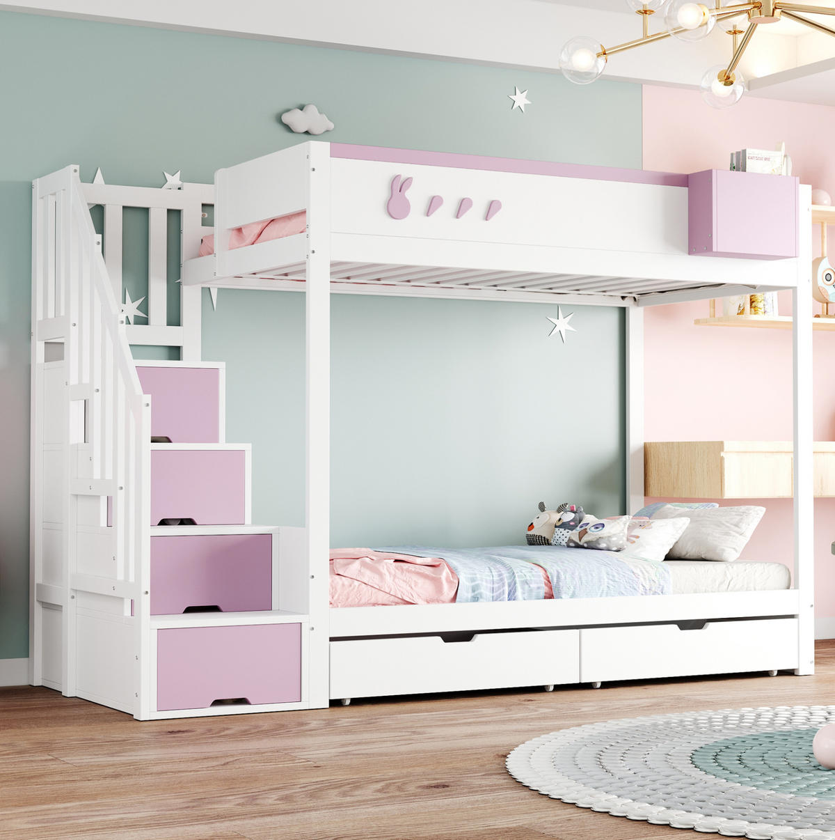 ETAGENBETT 90/200 cm mit Stauraumleiter, Schubladen und abnehmbarem Ablagefach, Weiß/Rosa - Weiß, Holzwerkstoff (90/200cm) - Redom