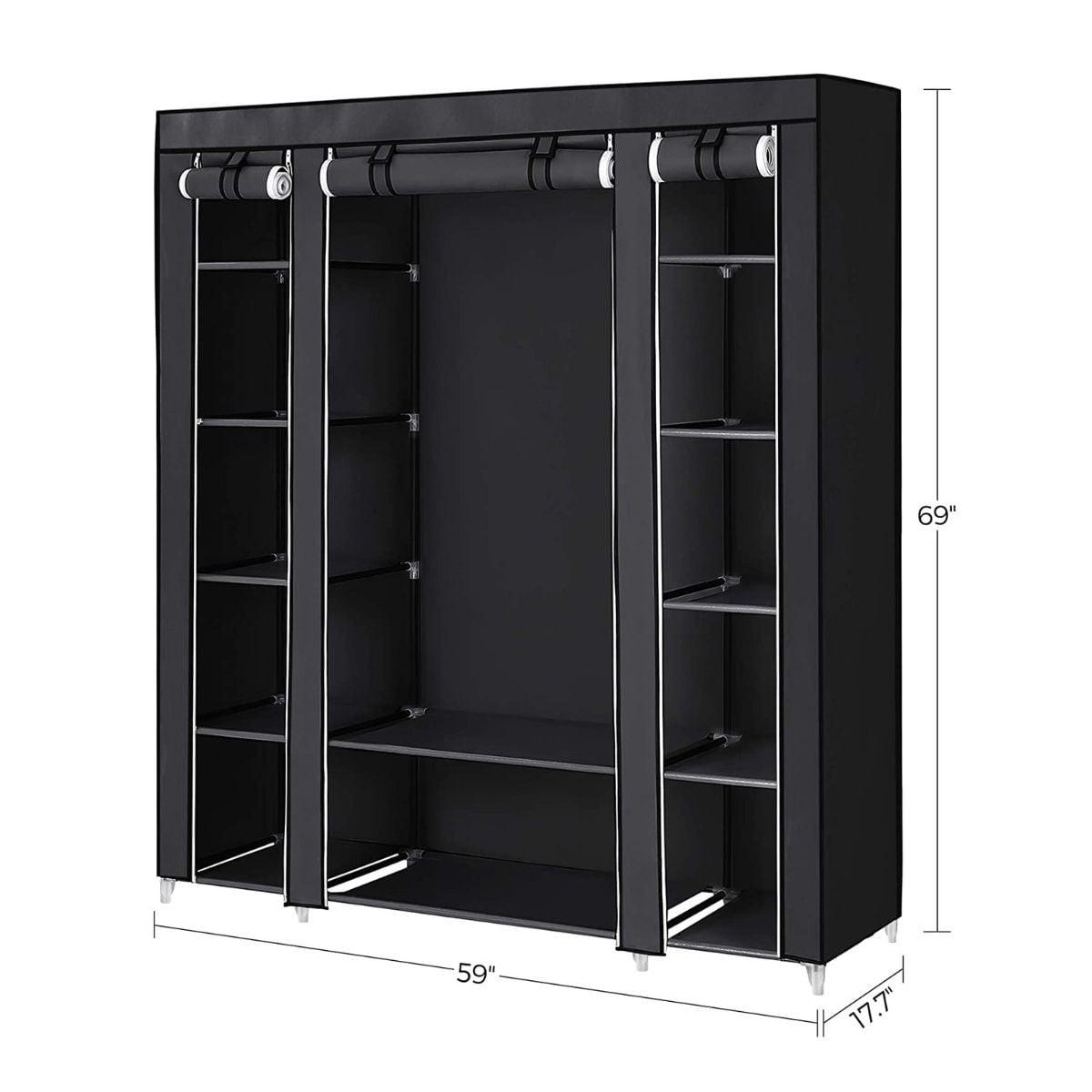 STOFFKLEIDERSCHRANK mit 12 Ebenen und Kleiderstange - L150 cm - Schwarz, Metall (45/175/150cm) - Calicosy