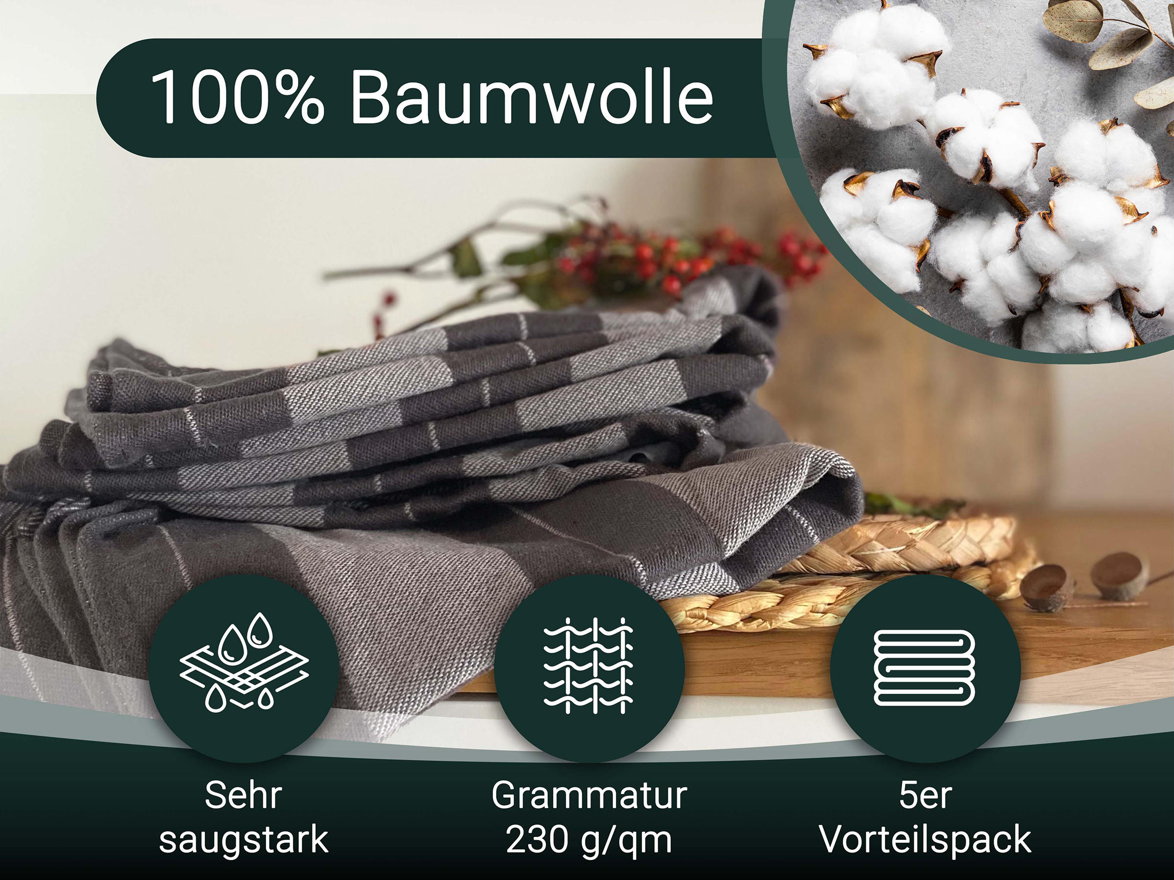 GESCHIRRTÜCHER, 5er-Set, 100% Baumwolle - Grau, Textil (50/70cm) - Zollner
