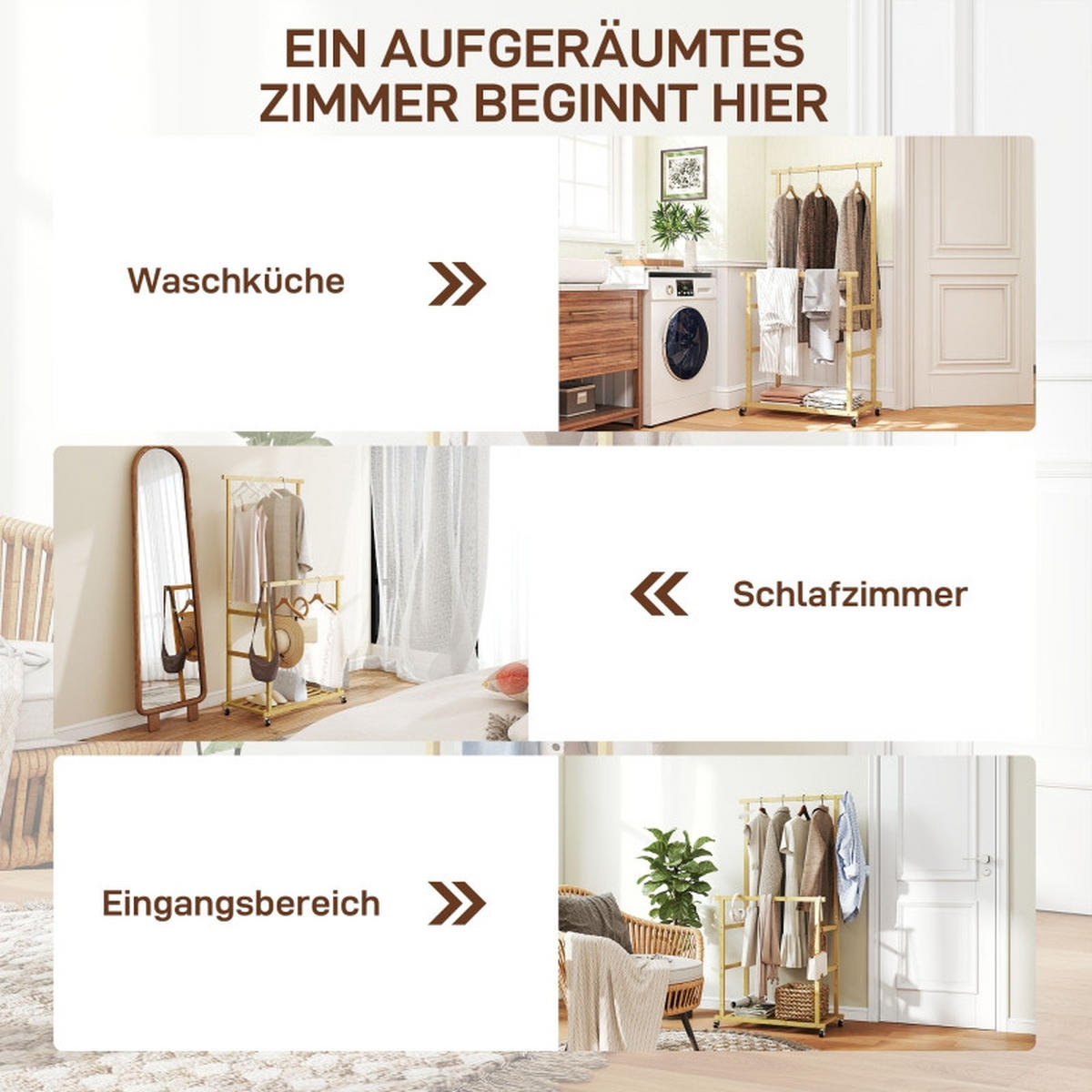 GARDEROBENSTÄNDER 80/40/160 cm aus Bambus mit 2 Kleiderstangen und Schuhablage - Naturfarben, Naturmaterialien (80/160/40cm) - BEAOK