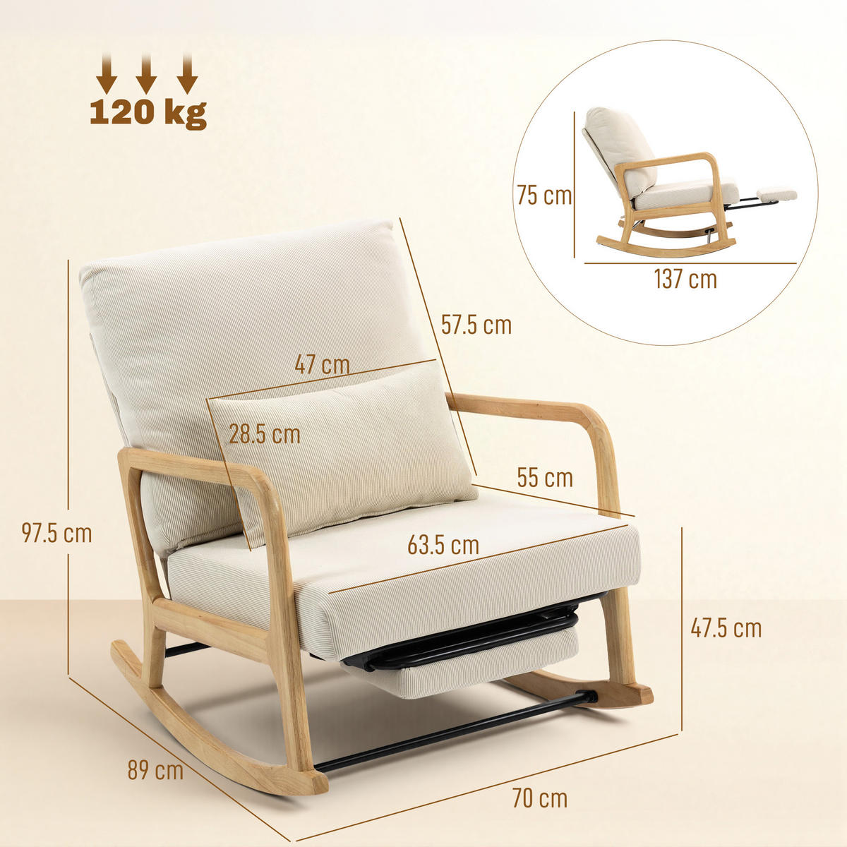 SCHAUKELSTUHL Cord Fußstütze verstellbare Rückenlehne cremefarben - Creme, Textil (89/97.5/70cm) - Vallsero