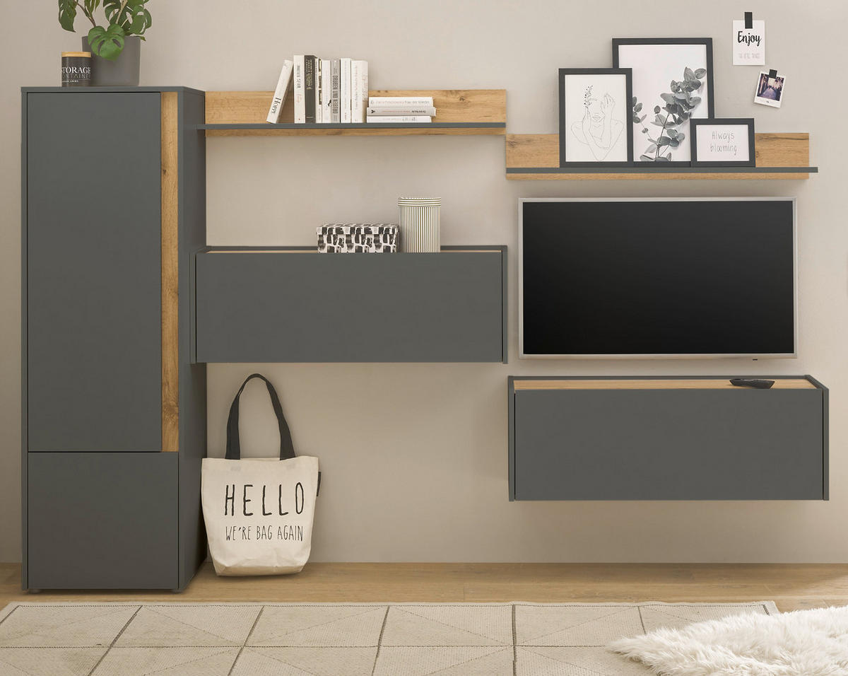 WOHNWAND grau matt, Eiche Wotan 5-teilig 250 cm, Wohnkombination mit Sekretär - Grau, Holzwerkstoff/Kunststoff (250/158/40cm) - Furn.Design