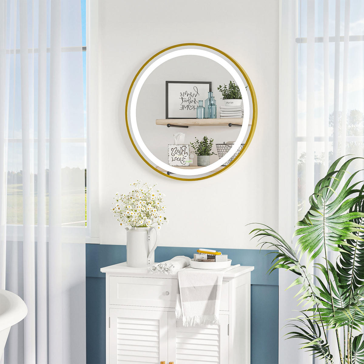 BADSPIEGEL, mit Memoryfunktion, Zeitanzeige, LED-Leuchte, IP44 - Goldfarben, Glas (4/60/60cm) - Kleankin