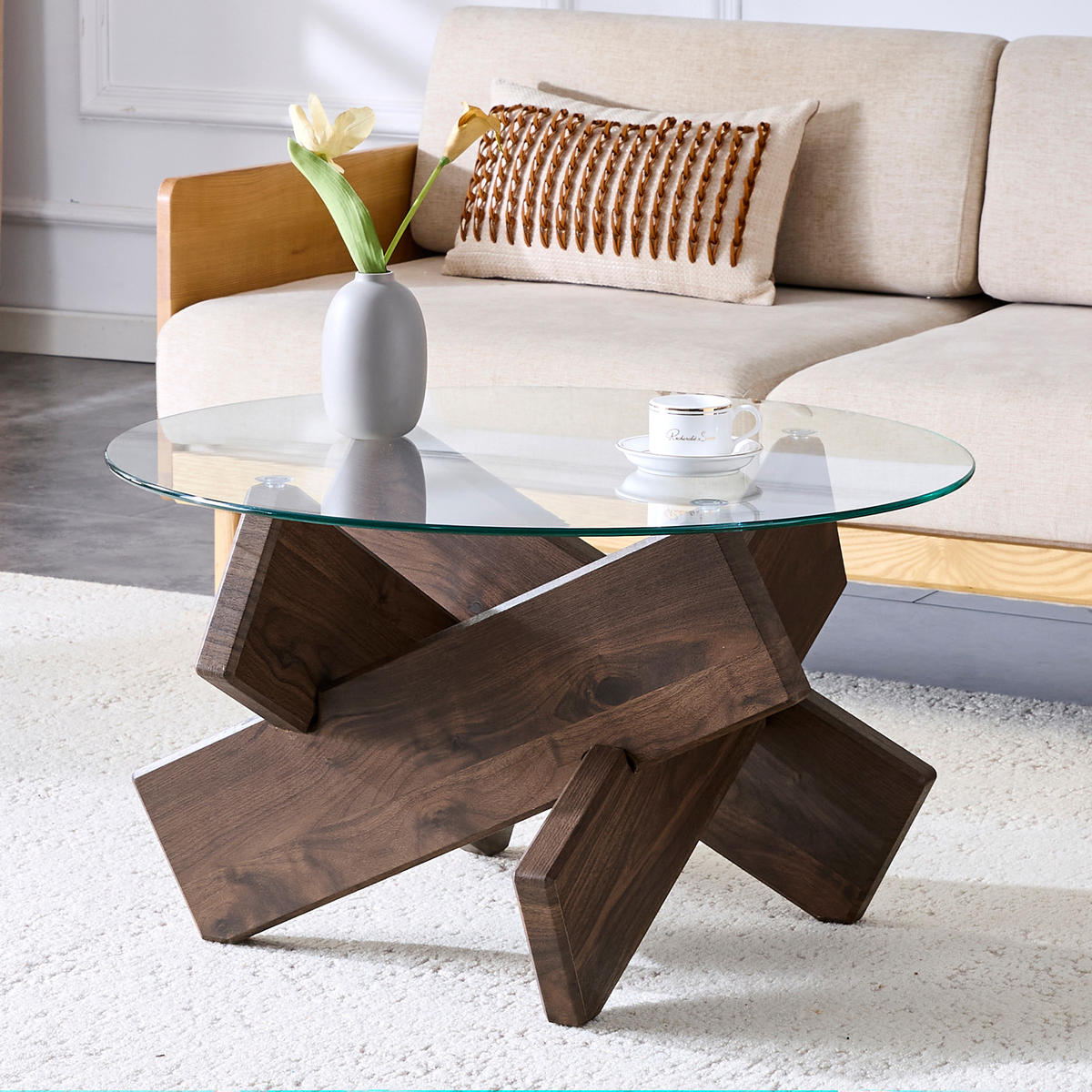 COUCHTISCH in Walnussfarbe Wohnzimmertisch mit Kreativer kreuzförmiger Holzrahmen für Wohnzimmer, B79/T79/H45 cm - Transparent/Walnussfarben, Glas/Holzwerkstoff (79/79/45cm) - STILVORA
