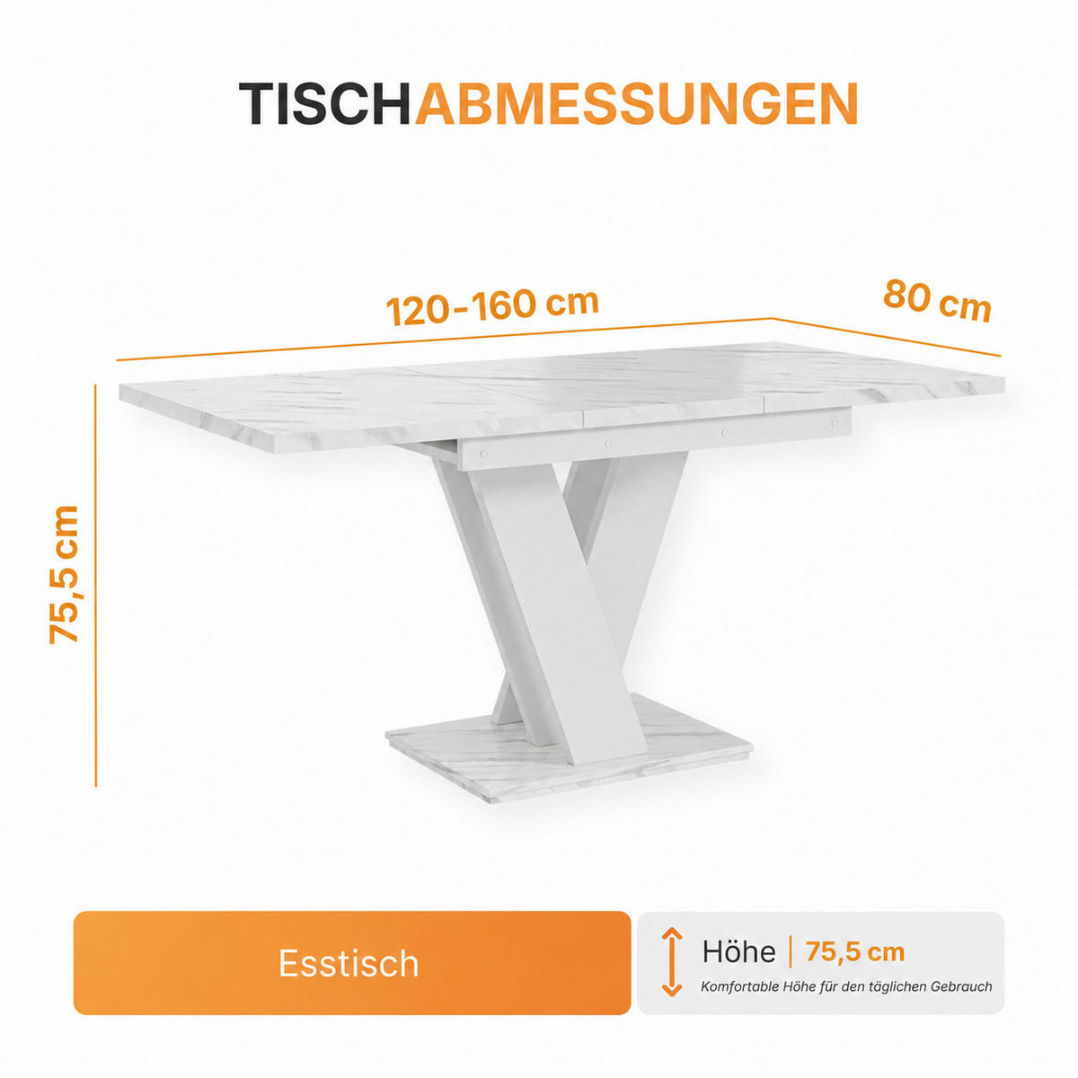 ROZKLADACÍ JEDÁLENSKÝ STÔL 120–160 cm Biely s dekorom mramoru - biela, kompozitné drevo (160/80/75cm) - Home Collective
