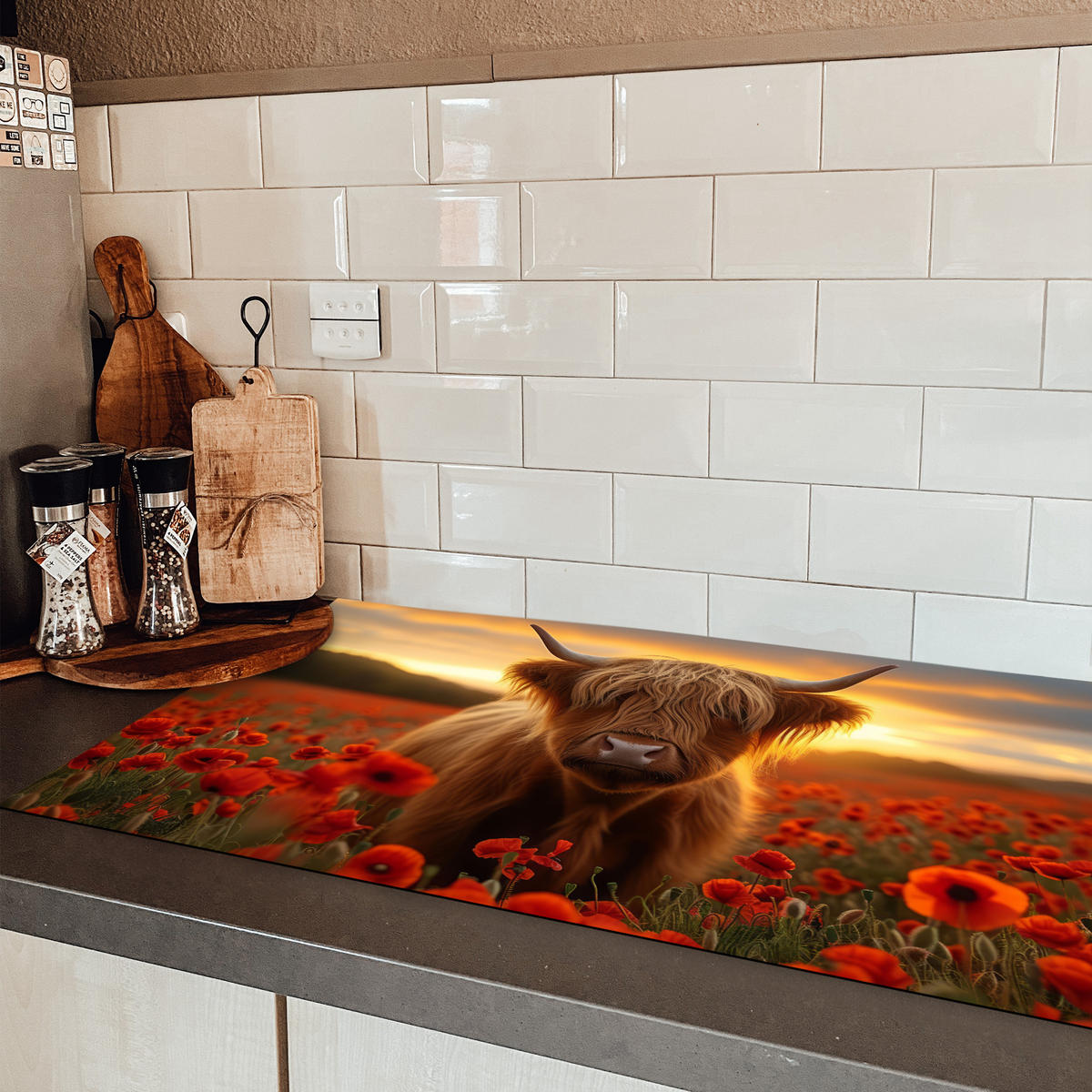 HERDABDECKPLATTE Schottische Highlander - Rosen - Blumenfeld - Sonnenuntergang Ceranfeldabdeckung 90x52 cm - Rotbraun, Kunststoff (90/52/0.2cm) - MuchoWow